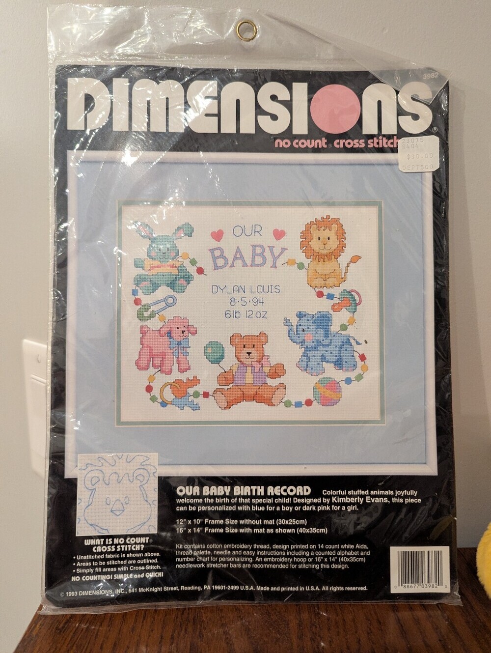 Vintage 1993 Dimensions Cross Stitch Kit~ Our Baby Birth Record ~ Sealed #3982